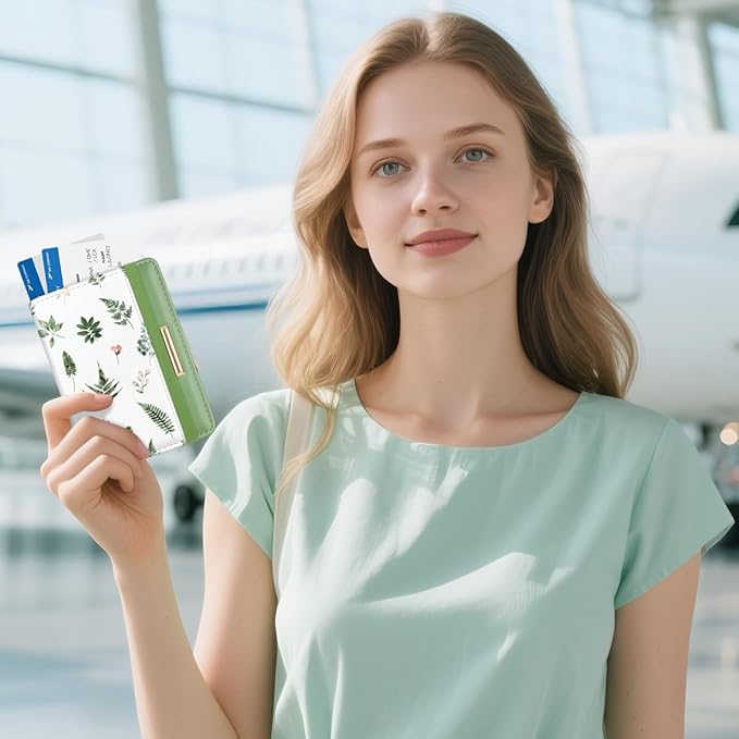 Passport Holder Cover Travel RFID Blocking Passport Cover Cute Flowers Passport Wallet with Elastic Band for Women, Green Plants