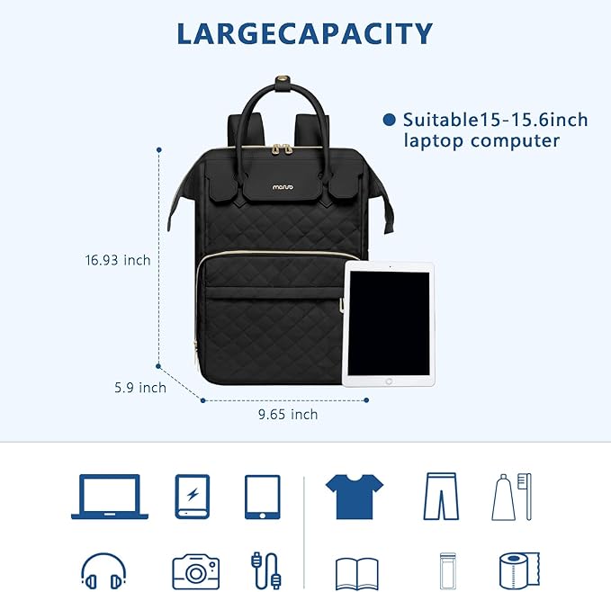 MOSISO Laptop Backpack for Women Men, 15-15.6 inch Rhombus Quilted Flight Approved Travel Backpack with PU Handle, 16 inch Carry on Daypack with USB Port for College Work Business, Black