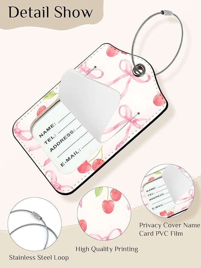 Seorsok 2Pcs Luggage Travel Tags for Suitcases,Ribbon Bow PU Leather Name Tag with Privacy Cover&ID Label Address Card and Durable Metal Ring Suitable for Men Women Handbags Backpack,Red Cherry