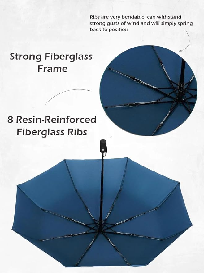 Windproof Travel Umbrella - Compact, Light, Full Automatic Open/Close - Folding Backpack Umbrella for Rain & Sun UV Preotection For Men & Women, Unbreakable 8 Fiberglass Ribs UK Design