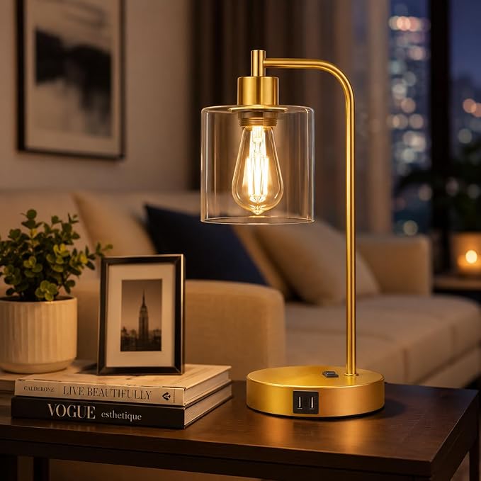 Industrial Touch Control Table Lamps Set of 2 - Gold Nightstand Bedside Lamps with 2 USB Ports & AC Outlet, 3-Way Dimmable Desk Lamp for Bedroom Living Room, Glass Shade & 2 LED Bulbs Included