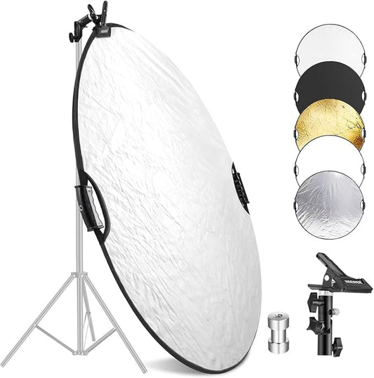 NEEWER 32"/80cm 5 in 1 Light Reflector with Clamp & Hand Grips, Polyester Multi Disc Photography Diffuser, Translucent/Silver/Gold/White/Black, 3/8" Thread, for Studio Outdoor Lighting, RF-80II | Polyester Multi Disc, Photography Diffuser, Translucent,...