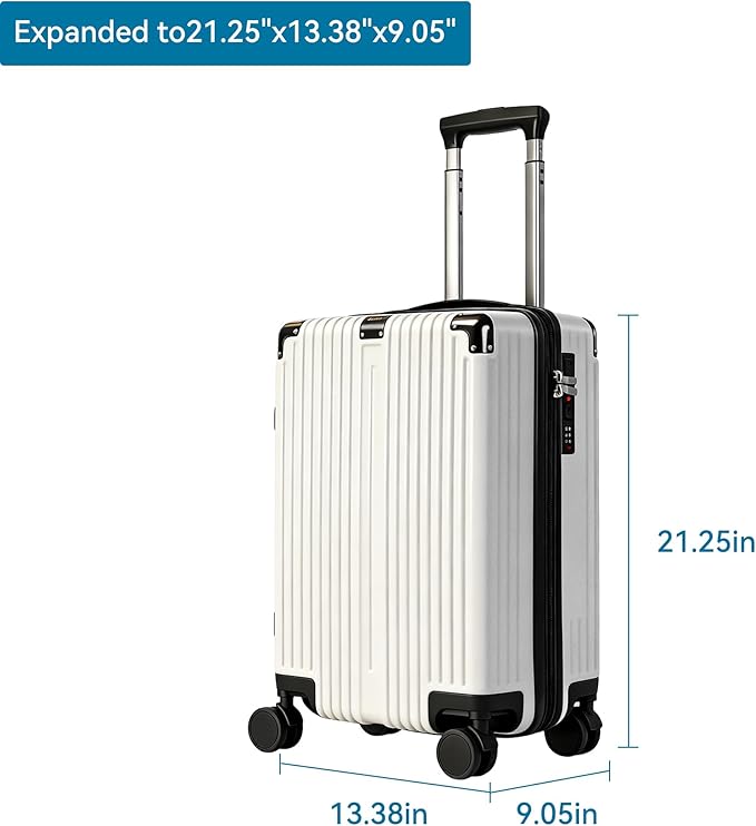 20 Inch Carry On Luggage with Spinner Wheels,PC Expandable Hard Shell Suitcase with USB Port,Lightweight Travel Luggage Airline Approved for Men Women (White)