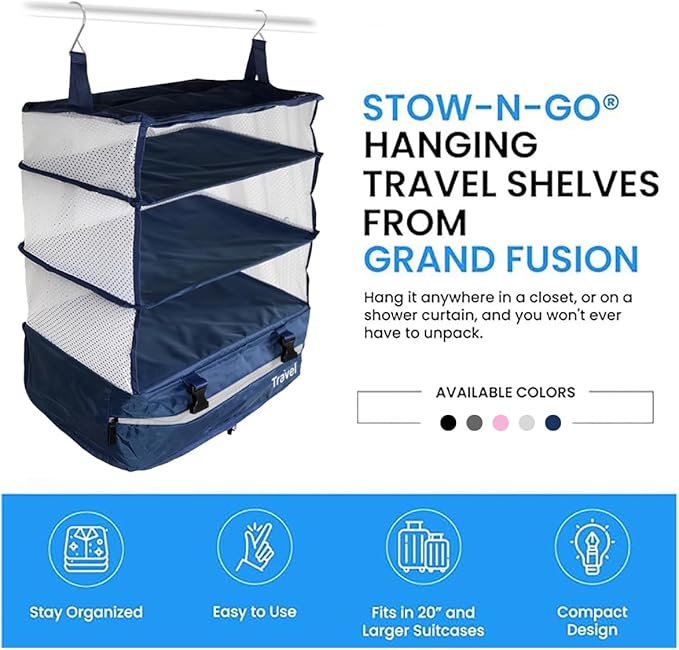 Grand Fusion Stow-N-Go Packing Organizer for Luggage, Portable Hanging Travel Shelves, Carry-On Closet, Hanging Packing Cubes, Collapsible Carry-On Organizer for Cruises & Hotels. Blue - XL