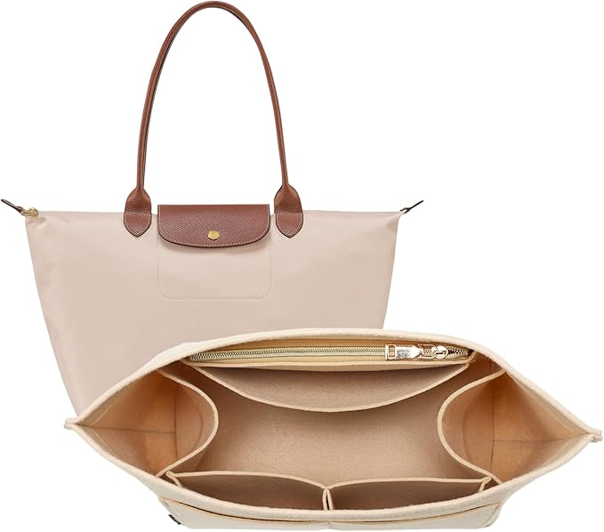 OPPOSHE Purse Organizer Insert for Longchamp Le Pliage, Premium Felt Long Champ Bag Handbag Women, Tote Organizer Insert with 9 Compartments (Large, Beige)