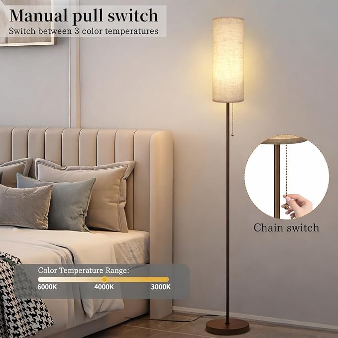 Ldeco Floor Lamp for Living Room, Modern Standing Lamps with Lampshade, Minimalist Tall Lamp with Chain Switch for Living Room, LED Bulb Included (Beige+Brown)