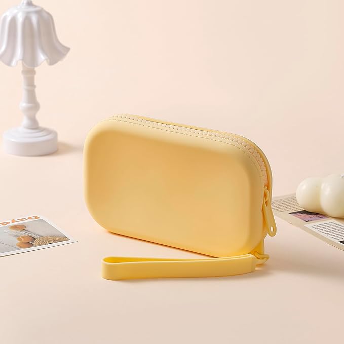 Small Silicone Multifunctional Essential Bag Portable Travel Makeup Bag for Women Men Cards Cash Bag Zipper Pouch (Yellow)