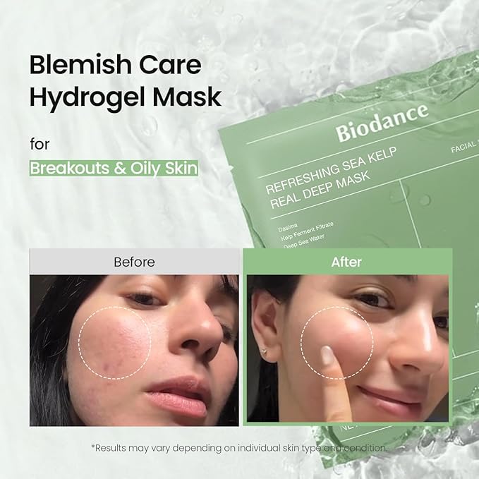 BIODANCE Refreshing Sea kelp Real Deep Mask, Overnight Hydrogel Face Mask, Calming, Oil & Sebum Control, Blemish Care, After Sun Care, Sunburn Relief, Korean Skin Care | 1.19oz(34g) x 4ea