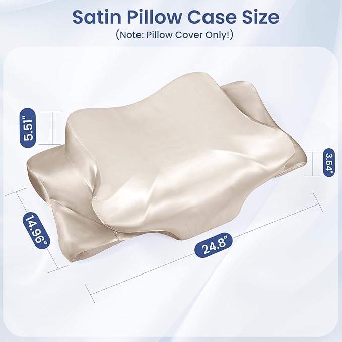 Satin Pillowcase for Cervical Pillows, (Cover Only) Fit for 24.8"x14.96"x5.51"/3.54" Orthopedic Neck Support Pillow, Silky Smooth Pillowcase Cover with Zipper Closure (Champagne)