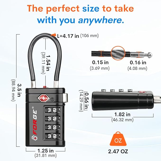 Forge TSA Approved Luggage Locks 4 Digit Combination TSA Travel Locks with TSA008, Open Alert Indicator, Zinc Alloy Body for Luggage, Suitcase, Backpack, and More. Black 6 Locks.