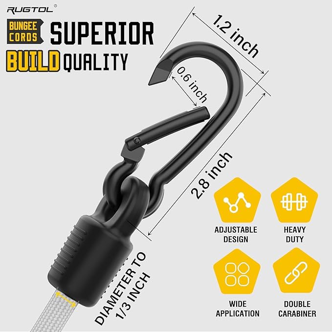 Bungee Cords with Hooks, 48 Inch Adjustable White Bungee Cords with Carabiner Heavy Duty Outdoor, 8mm Thick Easy to Adjust Bungee Rope UV Resistant for Truck Bed, Bike Rack, Camping, 6 Pack