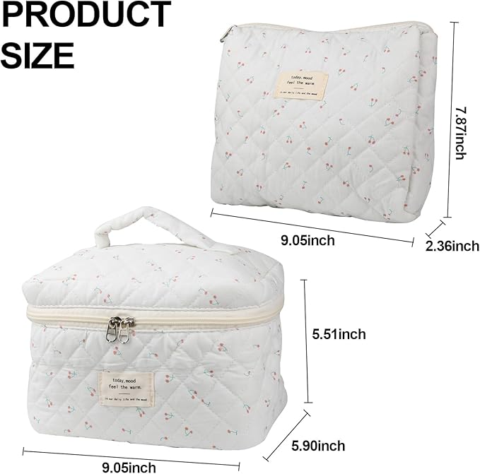 Cute Makeup Bag for Women(2 Pcs), Travel Cosmetic Bags, Quilted Coquette Aesthetic Floral Toiletry Organizer Bag (Cherry)