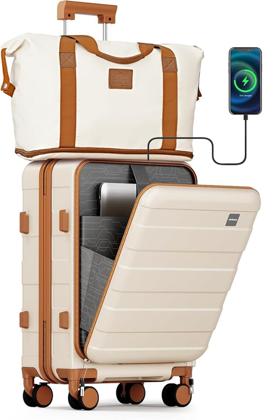 imiomo Carry on Luggage Airline Approved with Front Pocket and USB Port, Hard Shell 20 Inch Travel Carry-on Suitcase with Spinner Wheels and TSA Lock, White