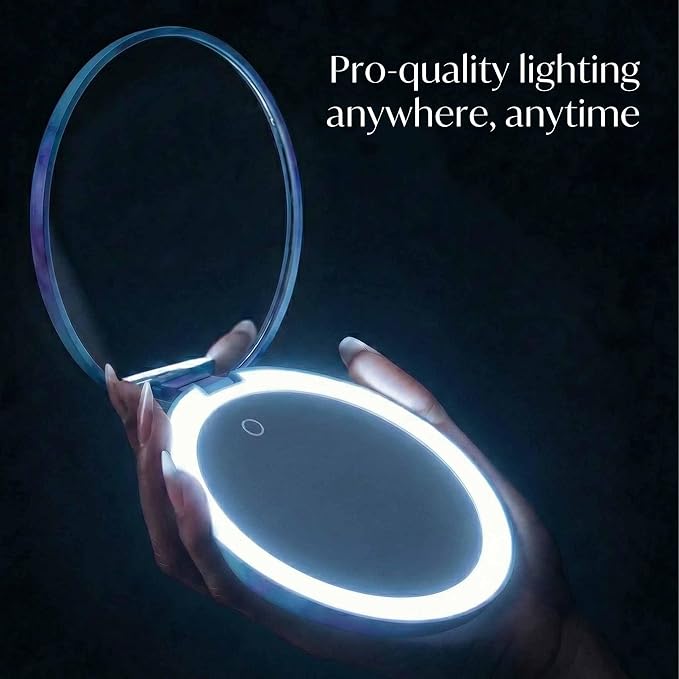 Fancii Taylor Travel Makeup Mirror with LED Light, Rechargeable, 10x /1x Magnifying & 3 Light Settings - Compact, Large 5” Wide Mirror for Handbag and Purses (Lavender Lagoon)