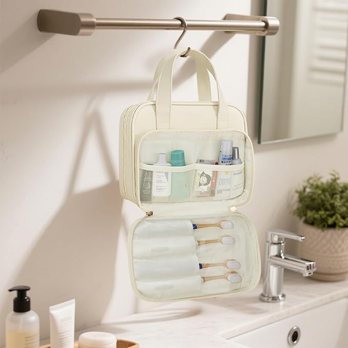 Travel Toiletry Bag, Water-resistant PU Leather Makeup Bag with Multiple Compartments, Large Capacity Makeup Organizer Bag with Handle for Accessories, Essentials, Toiletries, Beige