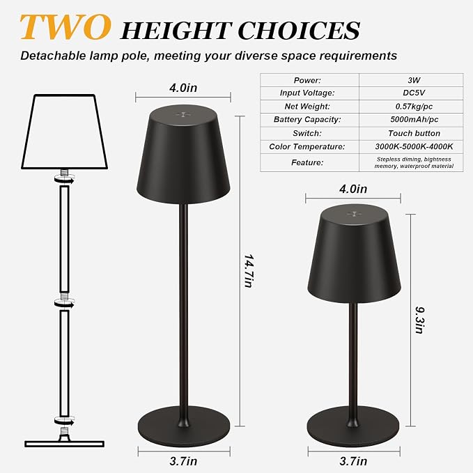 Kakanuo Cordless Table Lamp Rechargeable Black - KK 4 Pack Battery Operated Lamp for Dining Table, 3 Color Stepless Dimming Wireless Lamp for Counter, Outdoor Patio, Touch Control