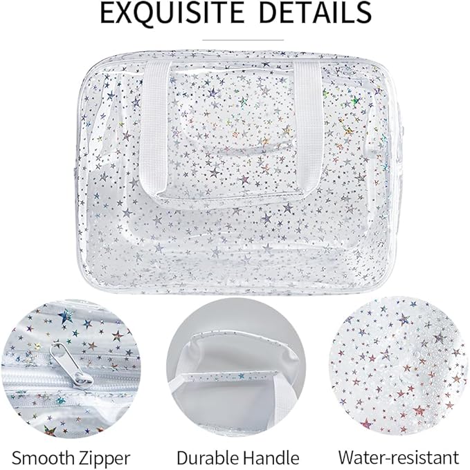 Holographic Star Transparent PVC Cosmetic Bag Clear Makeup Toiletry Carry Pouch Clear Travel Pouch Storage Bag for Vacation Bathroom and Organizing