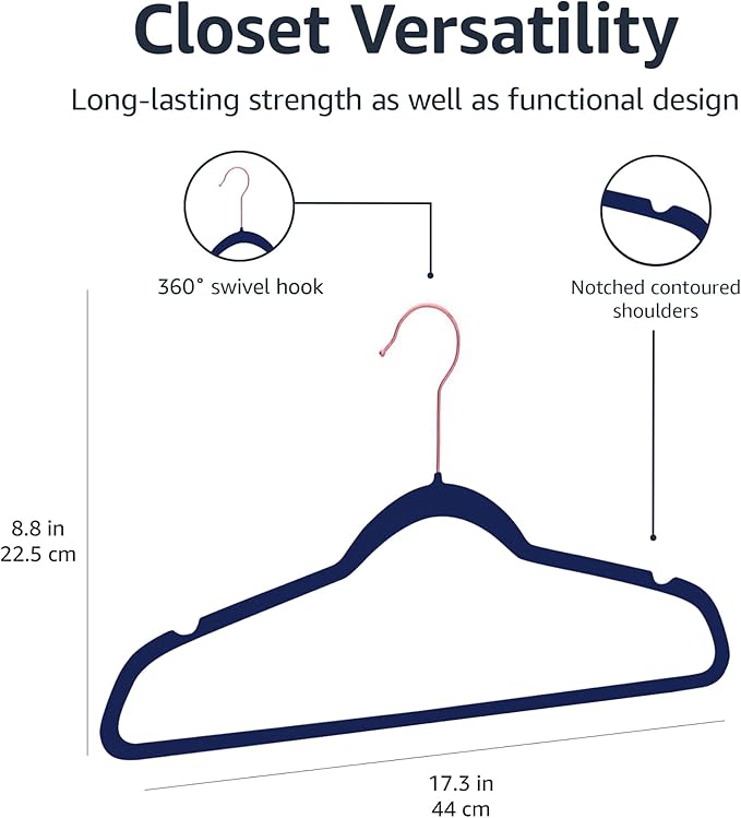 Amazon Basics Slim Velvet Non-Slip Space Saving Suit Clothes Hangers, Sturdy Construction, Navy Blue/Rose Gold, 50-Pack