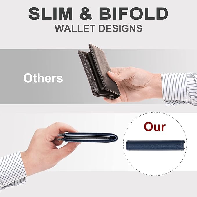 Chelmon Slim Wallet for Men ID Window with RFID Blocking Front Pocket Minimalist Bifold Bussiness Card Holder Gift for Men, Dark Blue