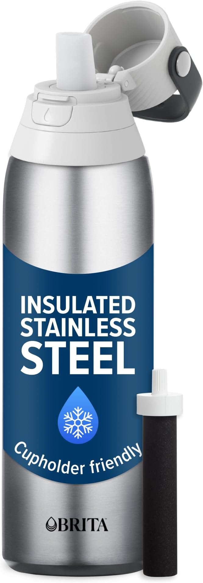 Brita Stainless Steel Premium Filtering Water Bottle, BPA-Free, Reusable, Insulated, Replaces 300 Plastic Water Bottles, Filter Lasts 2 Months or 40 Gallons, Includes 1 Filter, Stainless - 20 oz.
