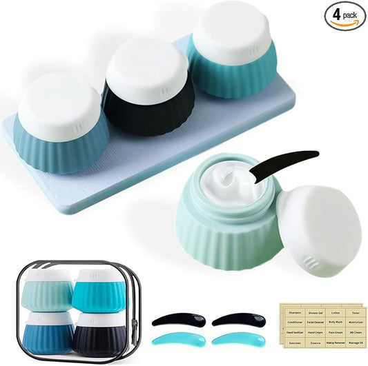 4 Pack Travel Size Silicone Cream Containers, Leak Proof Refillable Toiletry Bottles for Toiletries with 4 Scoops, Labels and Clear Bag, Suitable for Travel Shampoo and Conditioner Bottles (C)