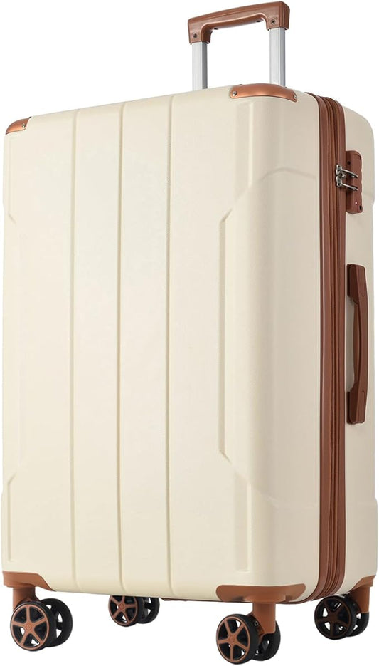 28 Inch Checked-Large Luggage, Lightweight ABS Hard Shell Suitcase with Spinner Wheels, Expandable Travel Luggage with Combination Lock & Side Hooks for Men Women (White Brown, 28)
