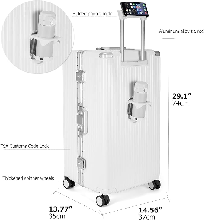feilario 29in Super Large Captain Aluminum Frame Hardside Spinner Wheels Luggage, Removable Wheels Zipperless Checked Suitcase with Cup Holder/Phone Holder (Ivory White,29in)