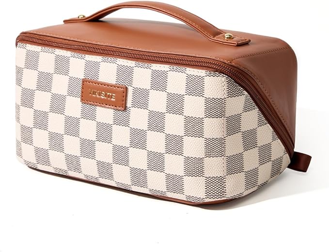 Cosmetic Bag Travel Makeup Bag, Open Flat Makeup Bags for Women, Waterproof Portable Pouch Toiletry Bag Make up Organizer with Divider and Handle Travel Essentials（A-brown Medium）