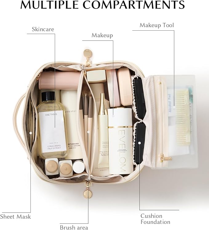 EACHY Travel Makeup Bag, Large Capacity Cosmetic Bag for Women, Waterproof PU Leather, Flat Open Portable Toiletry Bag for Skincare, Brushes & Travel Essentials