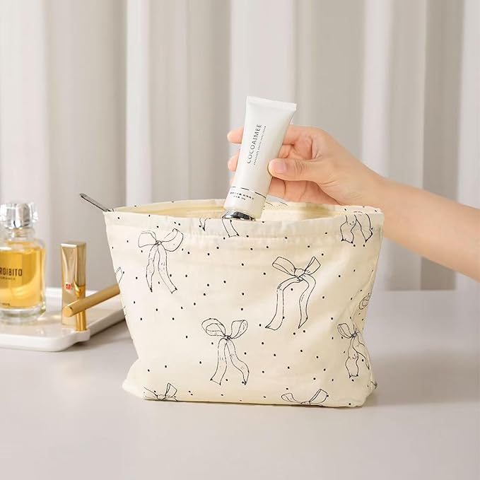 HAPPYHEIDI Makeup Bag Set,Cute Organizing Pouch, Cotton, Beige Bow Pattern, Zipper Closure, Large 10.2x7.8 Inches, Small 6.5x6.5 Inches, Lightweight