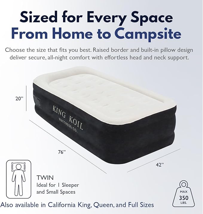 King Koil Luxury Twin Air Mattress with Built in Pump, 20” Double High Twin Size Premium Airbed, Inflatable Blow Up Mattress, Waterproof, 1-Year Warranty