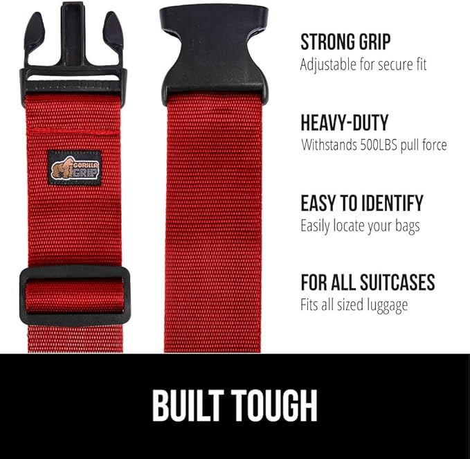GORILLA GRIP Heavy Duty 8 Pack Adjustable Luggage Straps for Suitcases, Easy to Identify Travel Belt Connector Holds Suitcase Together, Extends Life of Bag, Strap Connects Two Bags, Accessories Red