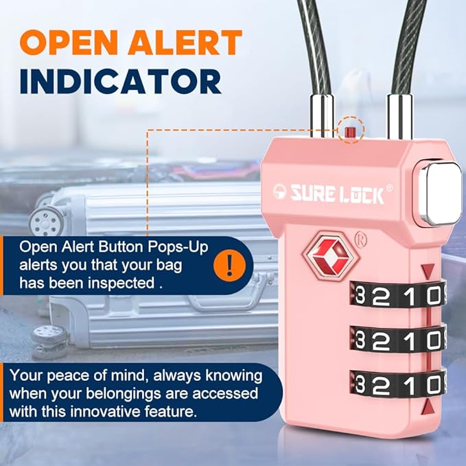 SURE LOCK TSA Approved Luggage Locks – 3-Digit Combination Cable Lock with Red Indicator, Large Dial & Easy-Press Button for Suitcases and Backpacks – Multi-Pack & Color Options