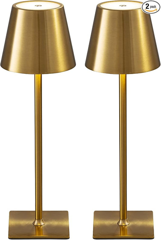 KDG 2 Pack Cordless Gold Table Lamps, Rechargeable Portable LED Desk Lamps | 4000mAh Battery Operated 3 Color Stepless Dimming Up for Restaurant, Bedroom, Outdoor Party, Camping, Coffee Shop, Nightlight