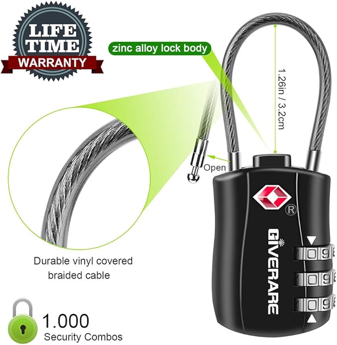 GIVERARE 2 PCS TSA Approved Luggage Locks, Combination Travel Cable Lock, Re-settable 3-Digit Padlocks with Alloy Body, Keyless Travel Sentry Accepted Padlock for Gym Locker, Golf Bag Case-Black