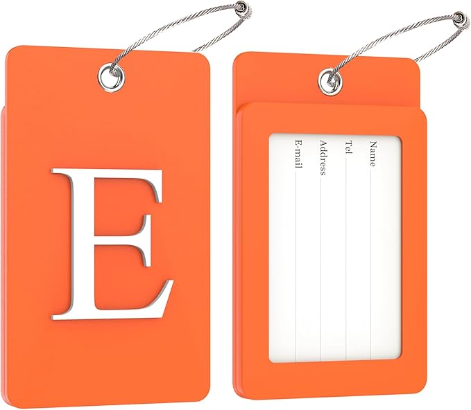 Gostwo 2 Pack Luggage Tags for Suitcases, 26 Initial Letter Travel Luggage Baggage Identification Labels ID Tag Fully Bendable Tags with Stainless Steel Loop (Orange) (Letter E)