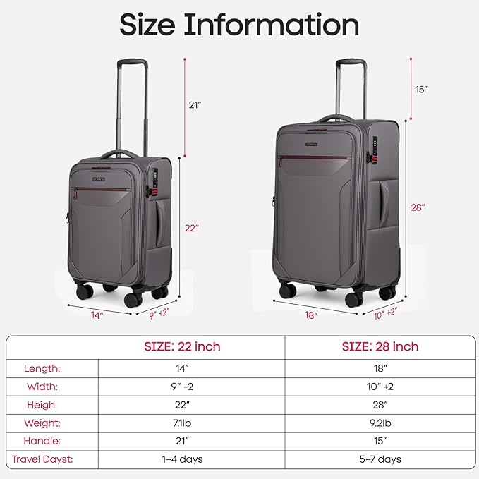 2PCS Set（22in/28in）Softside Luggage Sets w/TSA LOCK,Expandable 20% Luggage w/Spinner Wheels,Upright Spinner Softshell,Lightweight Durable Rolling Travel Luggage Set for Men/Women（Grey,22in/28in）