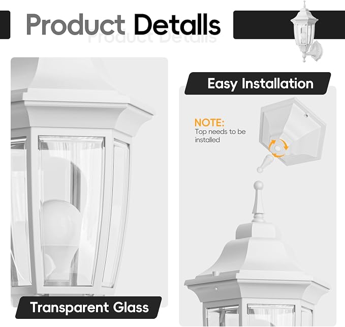 EMART Dusk to Dawn Outdoor Porch Light with Bulb, Wall Lamp(2 Pack, White) | Exterior Anti-Corrosion, Waterproof Aluminum & Glass Shades, Modern Sconce Lantern Fixtures for Outside, House, Garage