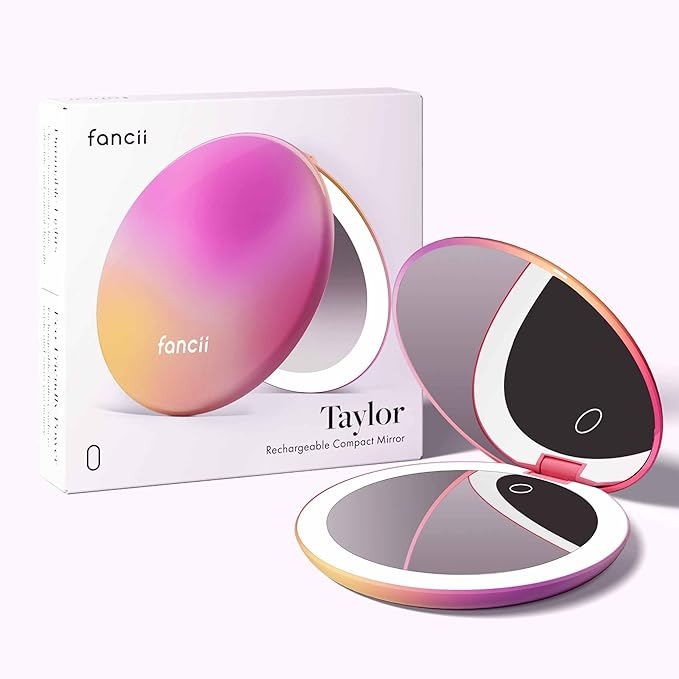 Fancii Taylor LED Lighted Travel Makeup Mirror, Rechargeable, 10x /1x Magnifying, Tru-Glow Lighting System, XL Large 5” Wide | Compact Mirror for Purses (Berry Lemonade)
