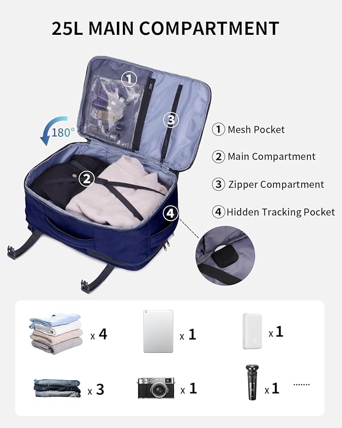 ECOHUB 17" Small Travel Backpack, United Airlines Personal Item Bag 17x10x9 with 16 Pockets, Water Resistant Rucksacks Fit 15.6" Laptop, AirTag Pocket, Lightweight Casual Daypack, 25L, Blue