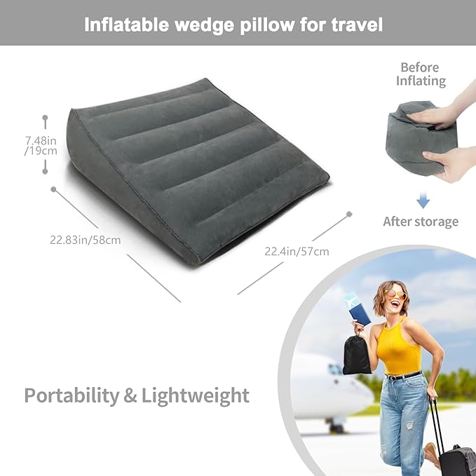 Inflatable Wedge Pillow for Travel and Home, Portable Bed Wedge for Back Support and Leg Elevation, Lightweight Triangle Pillow for Sleeping, Reading, and Camping, 22.4x22.83x7.48 Inches, Gray