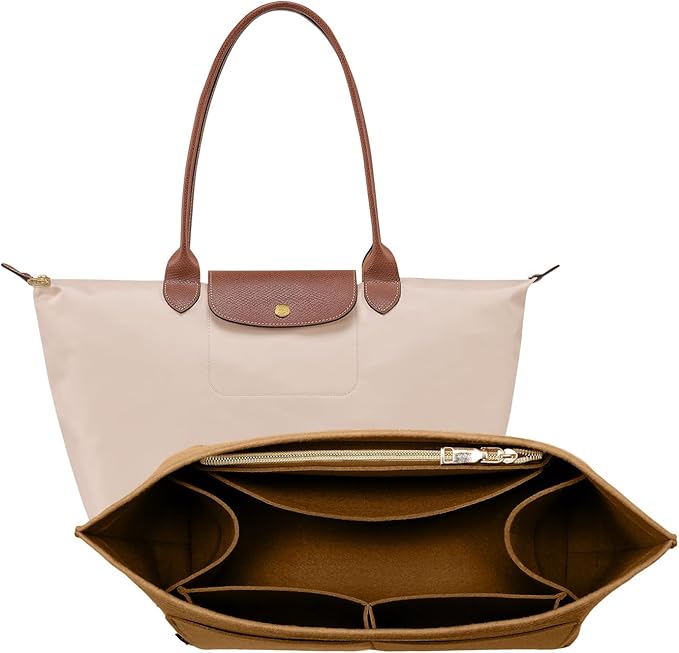 OPPOSHE Purse Organizer Insert for Longchamp Le Pliage, Premium Felt Long Champ Bag Handbag Women, Tote Organizer Insert with 9 Compartments (Large, Brown)