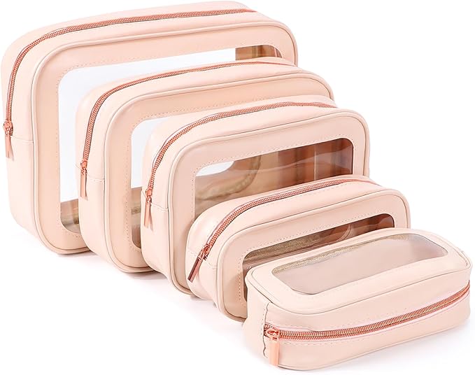 YOPCDJ 5PCS Clear Toiletry Bag,TSA Approved Travel Makeup Pouch with Zipper for Cosmetics and Toiletries，Diaper Bag Organizer Pouch Set，Women's Purse Organizer and Clear Car Bag