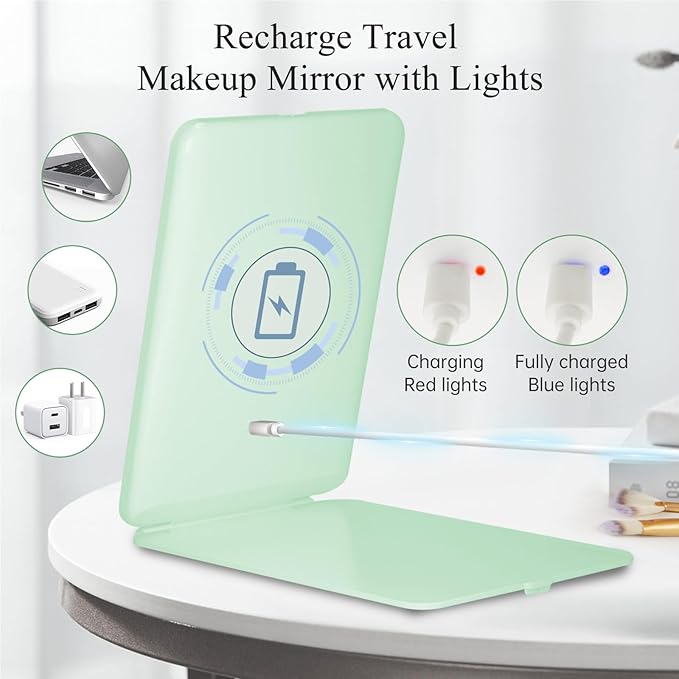 FUNTOUCH Rechargeable Travel Makeup Mirror with Lights, Portable 72 Led Lighted Makeup Mirror, 3 Color Lighting, Dimmable Touch Screen, Type C, Tabletop LED Folding Cosmetic Vanity Mirror
