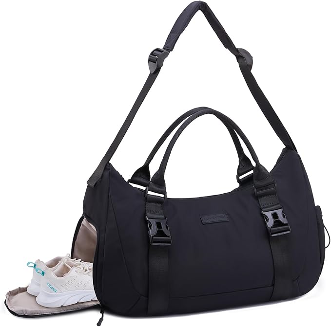 LOVEVOOK Gym Bag for Women Men, duffle bag for travel with shoe compartment, Small Gym Tote Dry Wet Separation, Multipurpose Weekender Overnight Bag, Lightweight Carry On Bags, Black