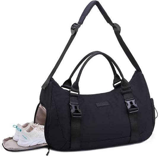 LOVEVOOK Gym Bag for Women Men, duffle bag for travel with shoe compartment, Small Gym Tote Dry Wet Separation, Multipurpose Weekender Overnight Bag, Lightweight Carry On Bags, Black