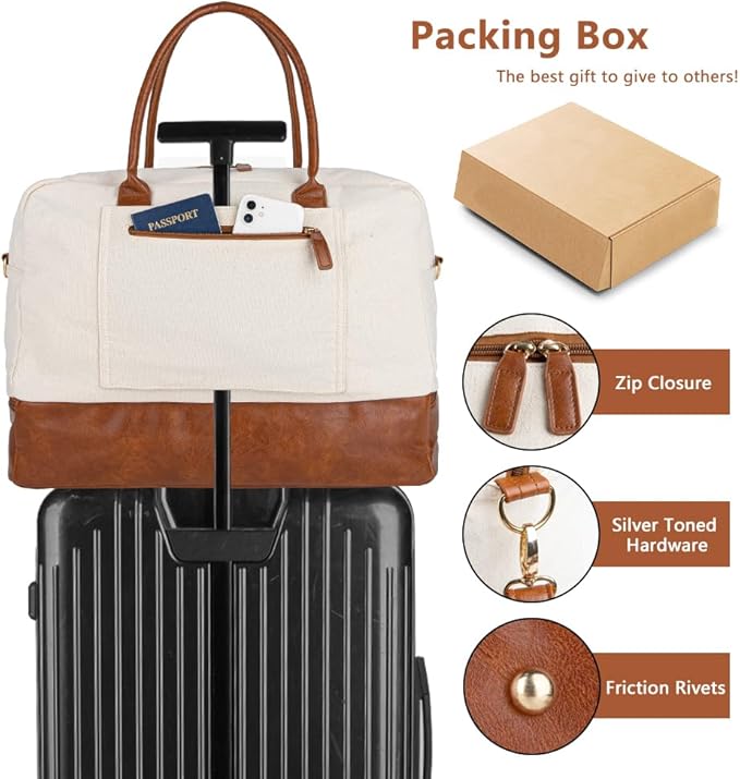 MyMealivos Canvas Weekender Bag for Women, Large Overnight Travel Carry on Duffel with Shoe Compartment & Toiletry Bag, Durable & Dirt-Resistant Personal Item Bag for Airplanes, Luggage Sleeve