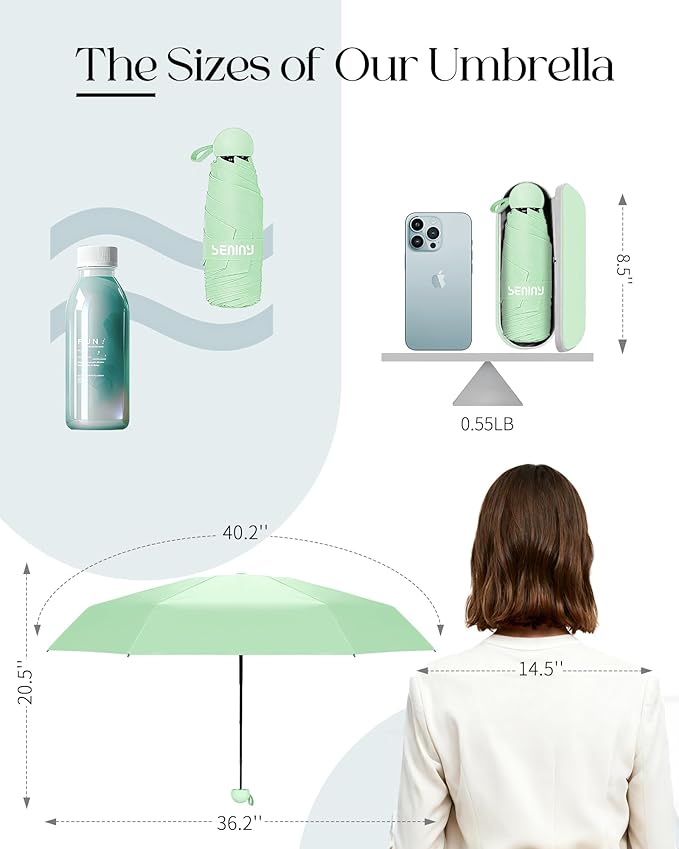 Seniny Mini Portable Travel Umbrella with Case - Compact Umbrellas for Rain & Sun UV Protection for Backpack Pocket, Lightweight Folding Small Umbrella, Tiny Purse Size UV Blocker for Kids Women Girls