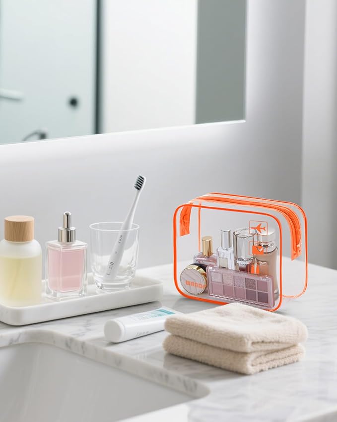 WANDF TSA Approved Toiletry Bag, 2 Packs Travel Clear Toiletry Bag, Quart Size Makeup Cosmetic Pouch with Zipper, Carry-On Airport Compliant Bag for Women and Men (2pcs Orange)