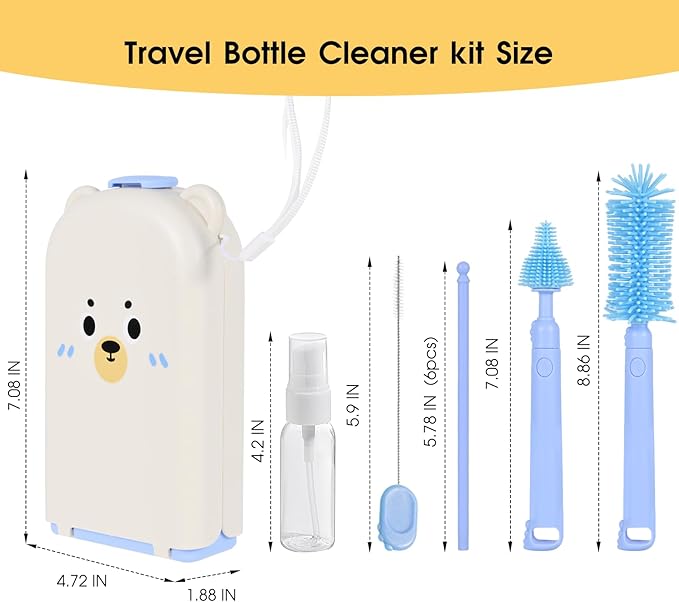 Travel Baby Bottle Cleaner Kit，7-in-1 Baby Bottle Brush Set for Travel and Home, All-in-One Baby Bottle Washing Kit: Integrated Cleaning & Drying System for Bottles and Breast Pump Parts (Blue)